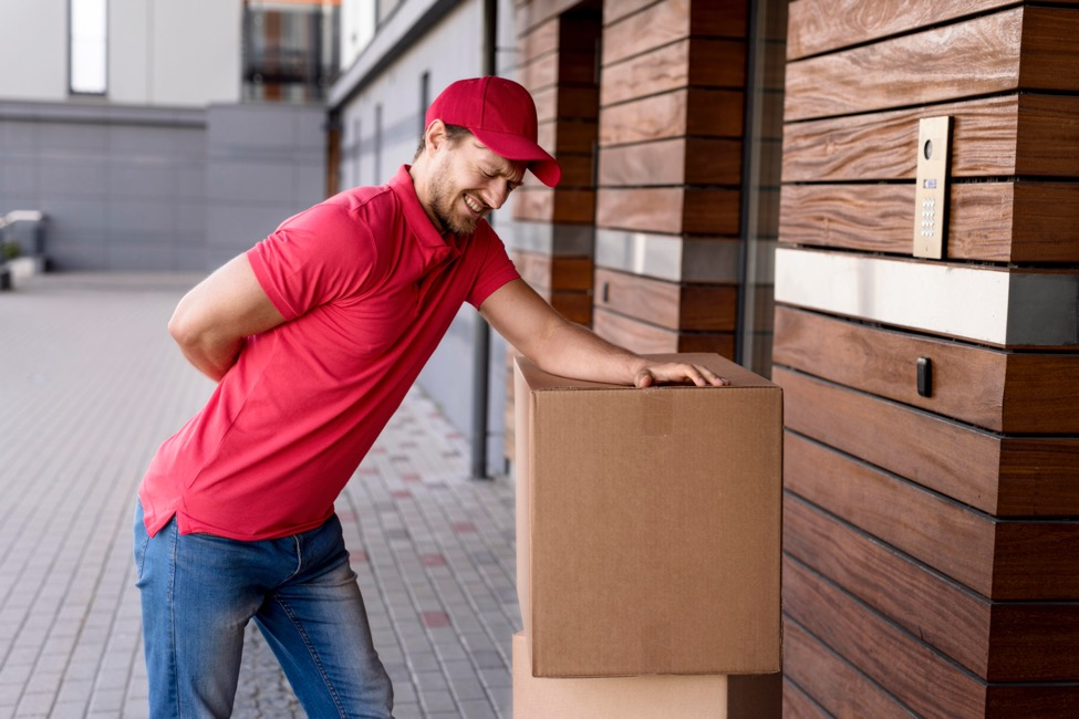  A delivery man touches his back in pain with his hand on a stack of boxes