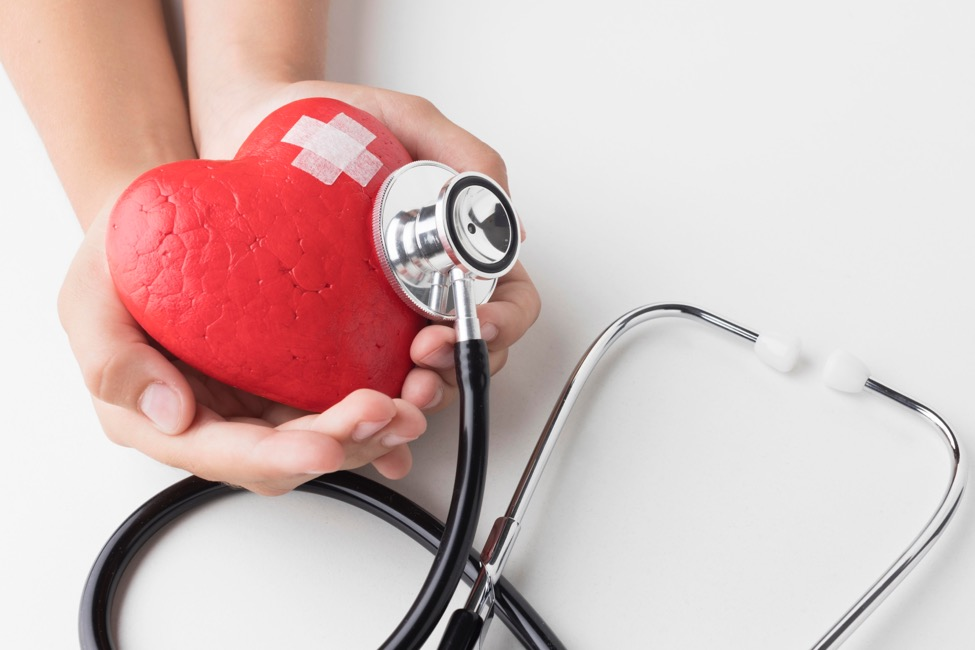 a model of a heart with a bandage on it and a stethoscope