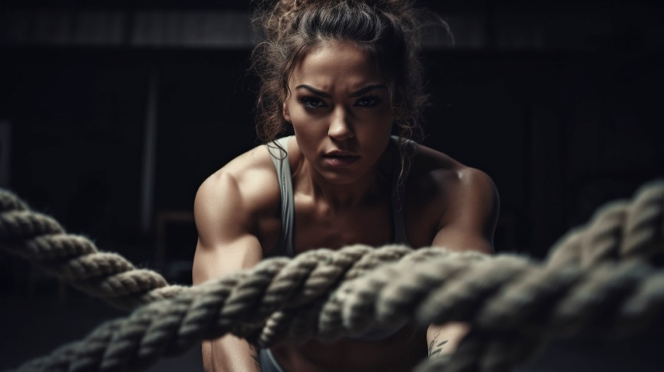 A fit woman looks determined while working the battle ropes.
