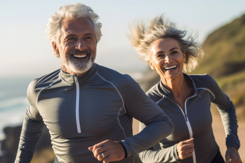  a man with long grey hair and beard and a woman with gray hair run along the coast