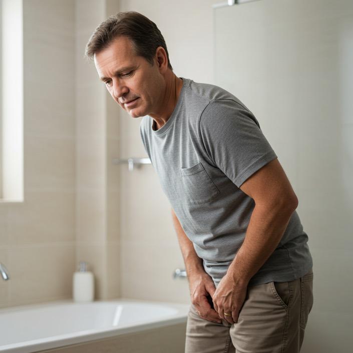 A man experiencing discomfort related to neurogenic bladder.