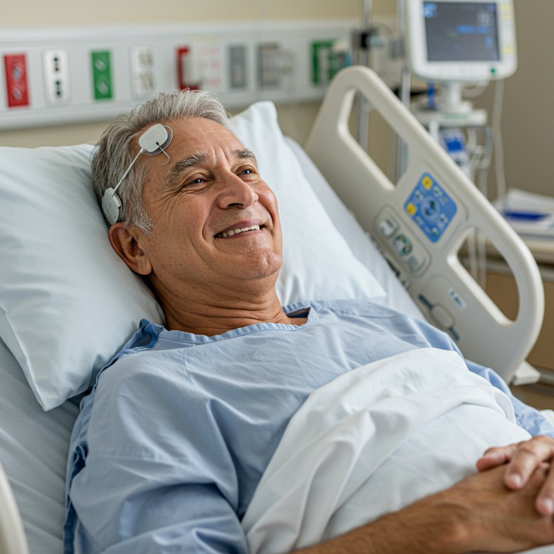 A man smiling in a hospital bed, recovering after a successful deep brain stimulation (DBS) procedure.