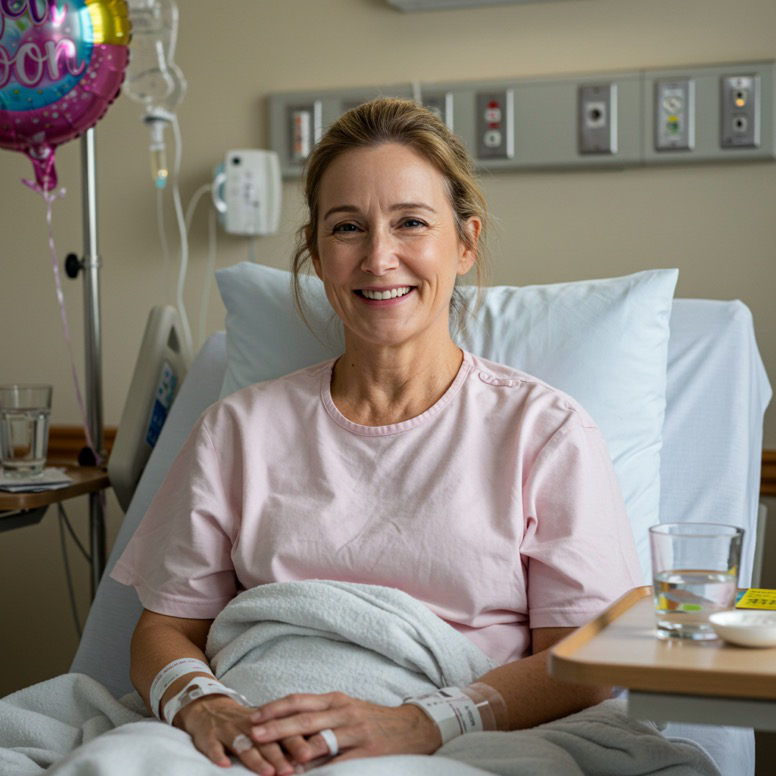 A patient sitting in a hospital bed after successful hip surgery, looking relieved and comfortable.