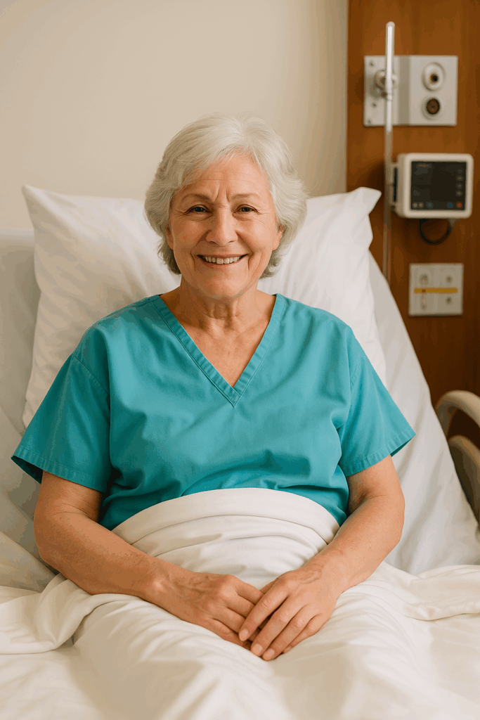 A woman smiling in a hospital bed, recovering after receiving stroke treatment.