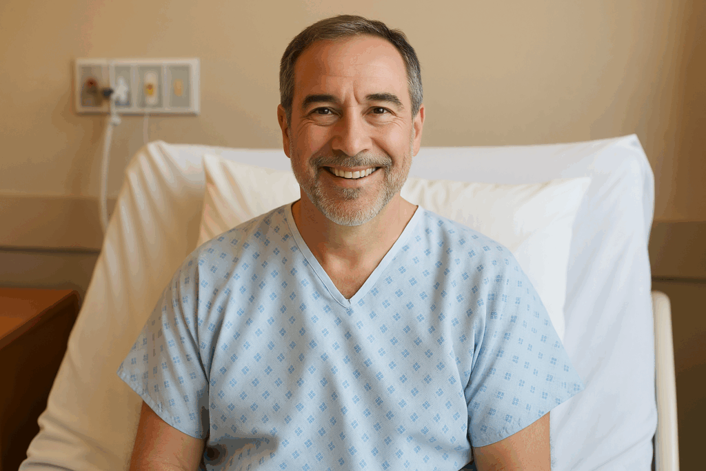 A man smiling in a hospital bed after receiving treatment for neurogenic bladder.