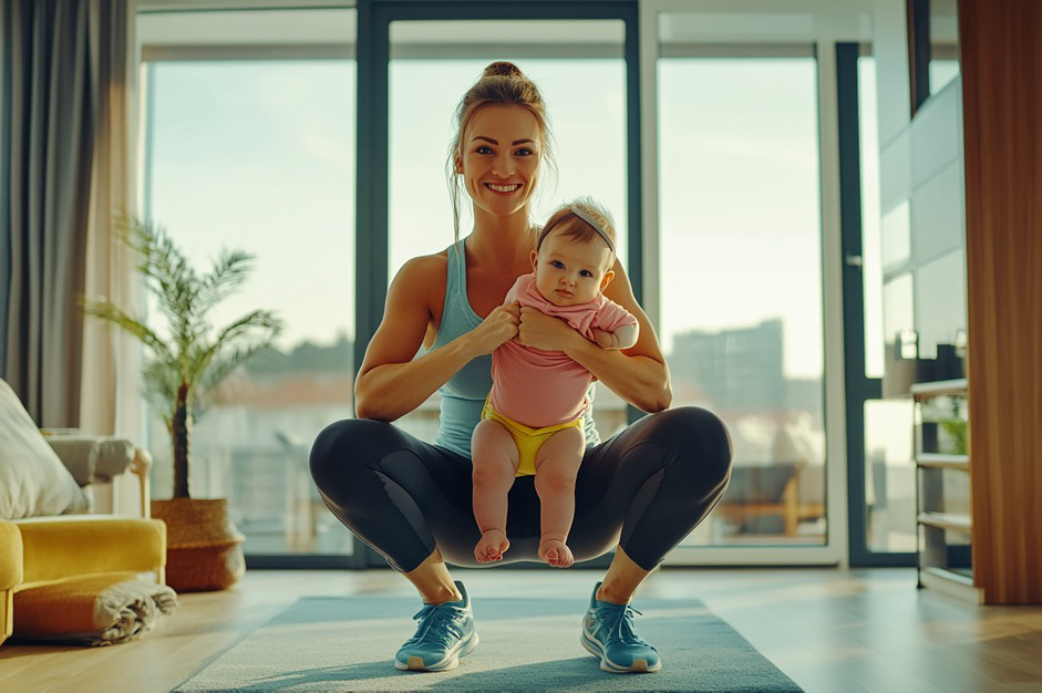 A woman doing exercises with her baby.