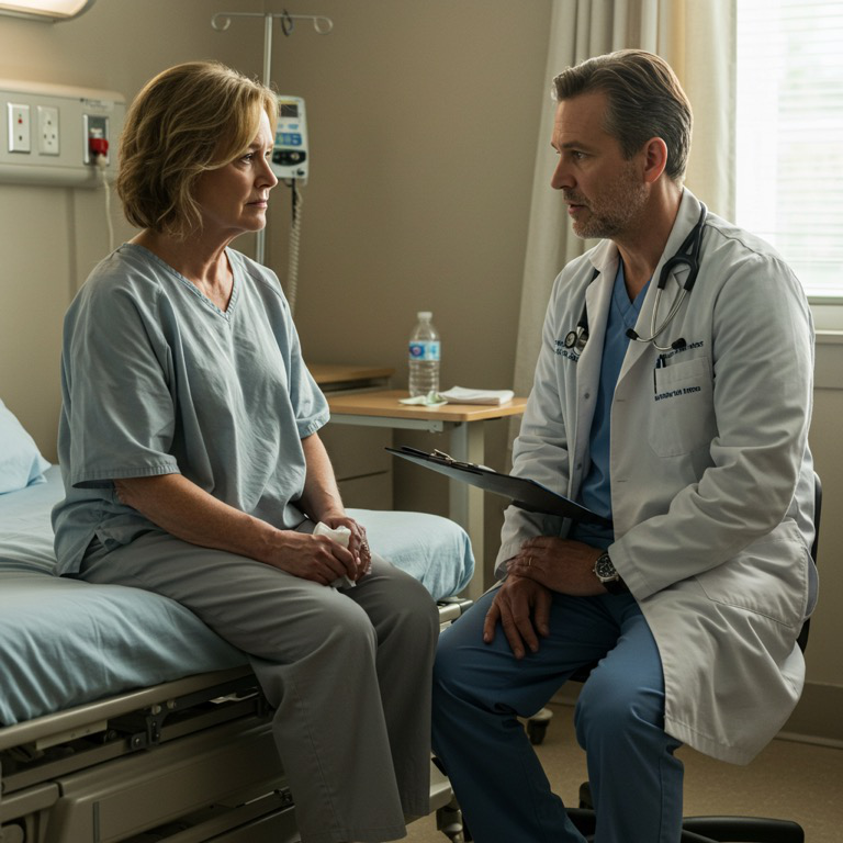 A patient consulting with an orthopedic surgeon, discussing hip replacement options.