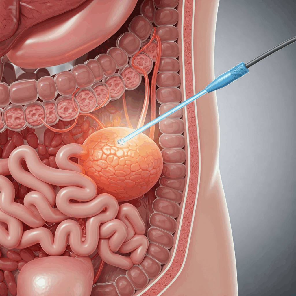 A medical diagram showing the application of water-induced thermotherapy to the prostate.