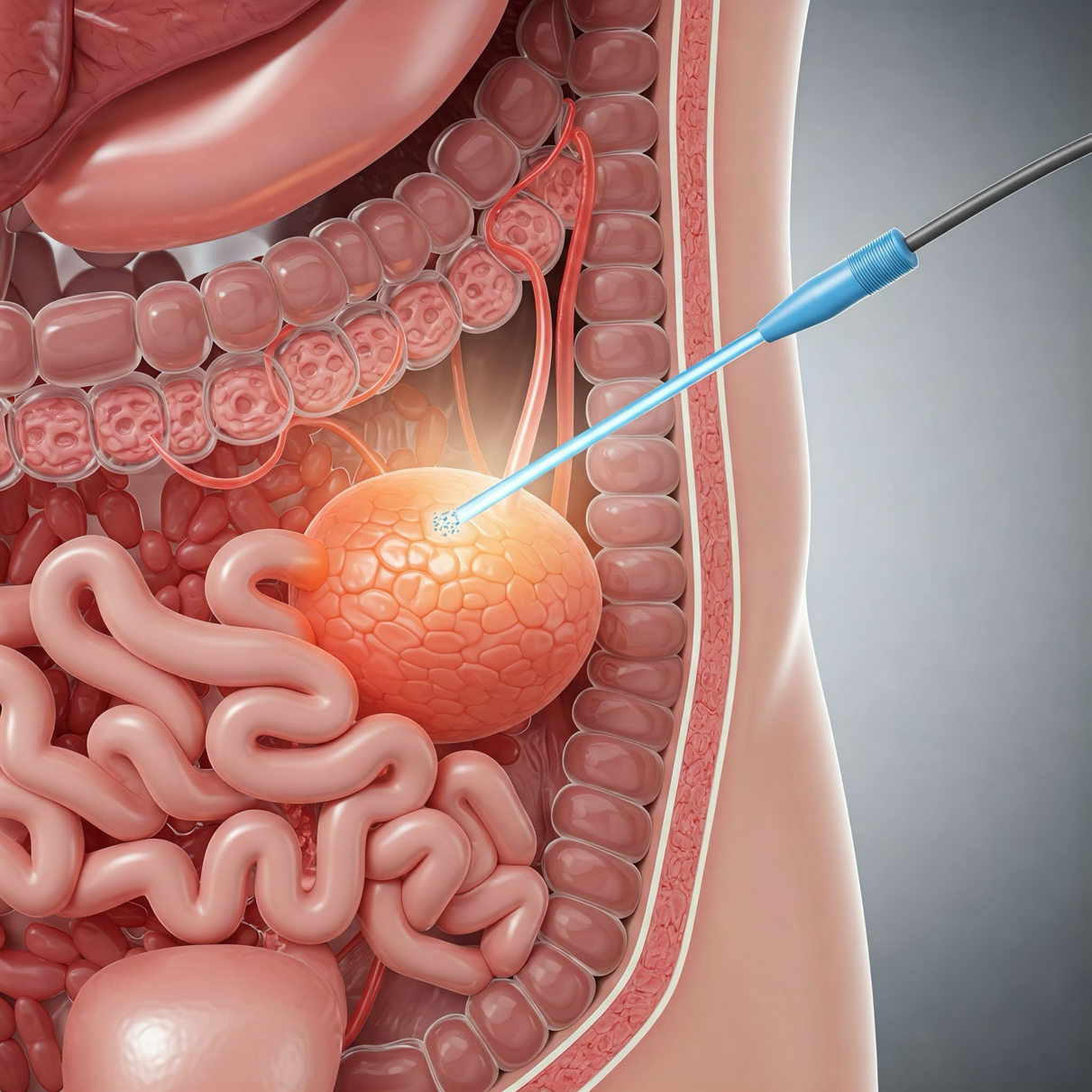 A medical diagram showing the application of water-induced thermotherapy to the prostate.