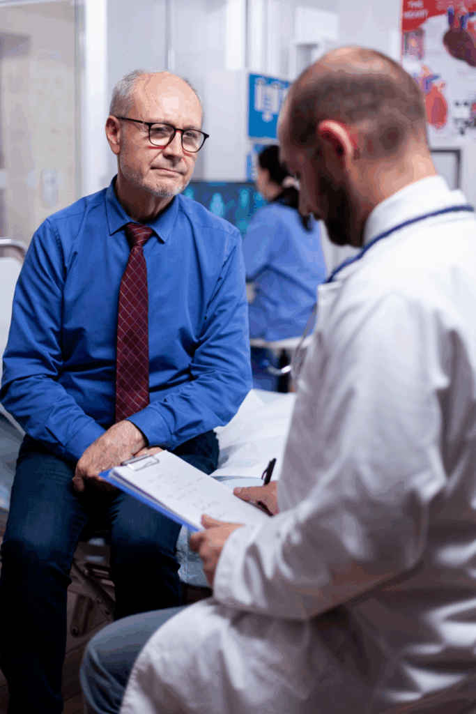 An elderly patient answering a physician’s questions.