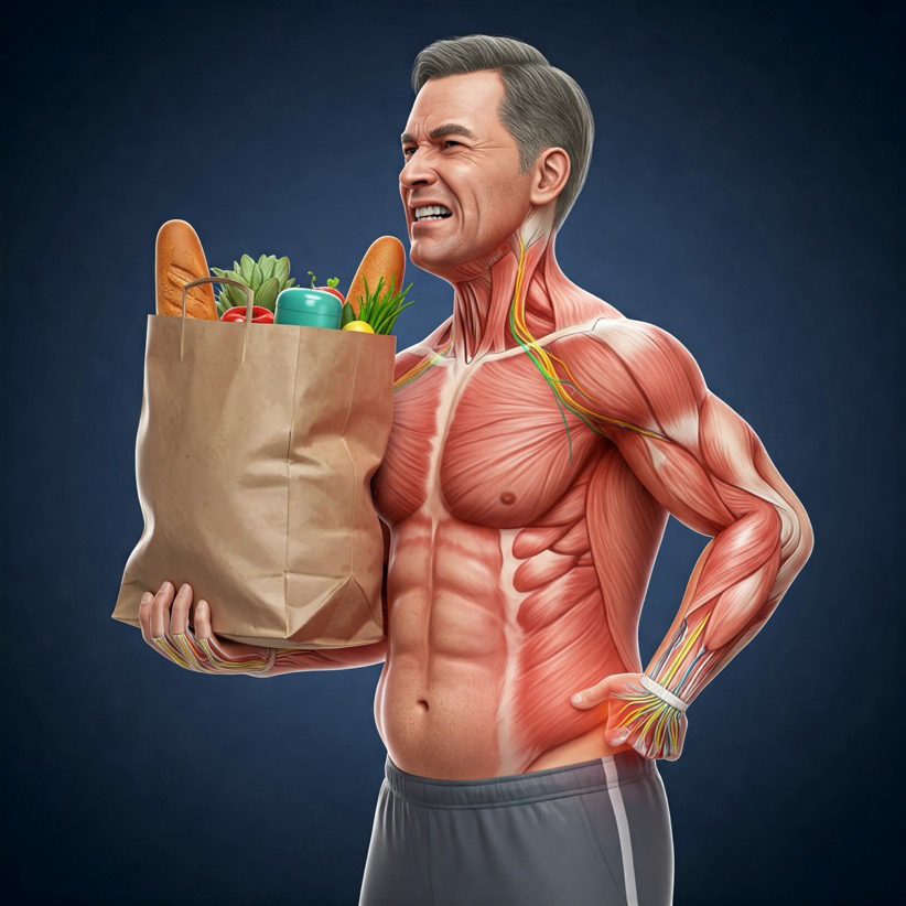 A middle-aged man grimacing in discomfort in an illustration showing his muscular system.