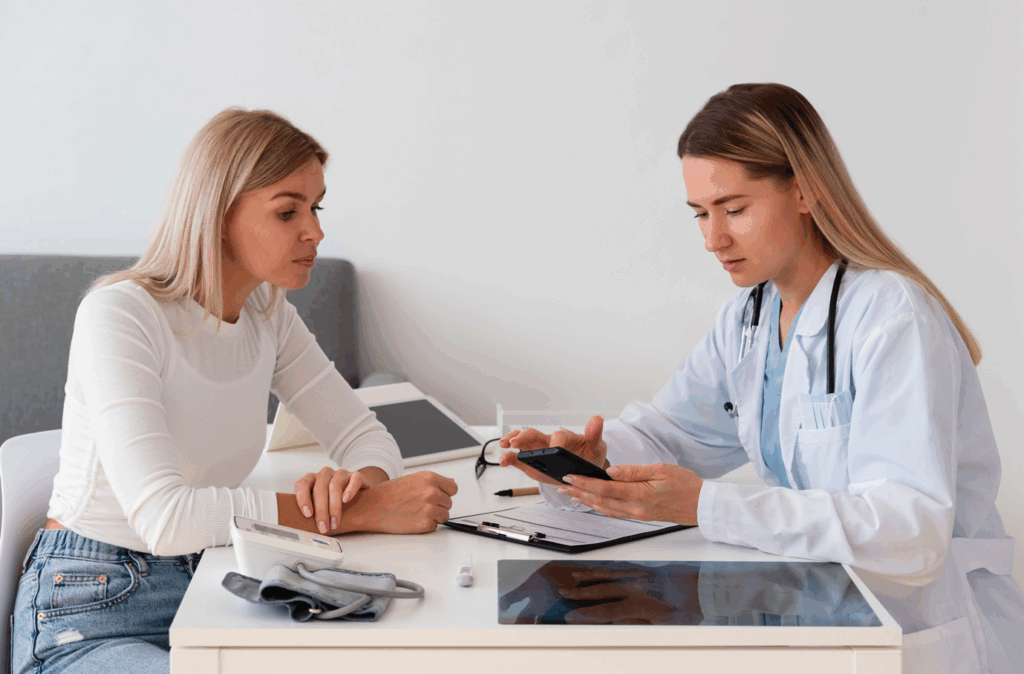 A woman speaking with her physician in a medical office.