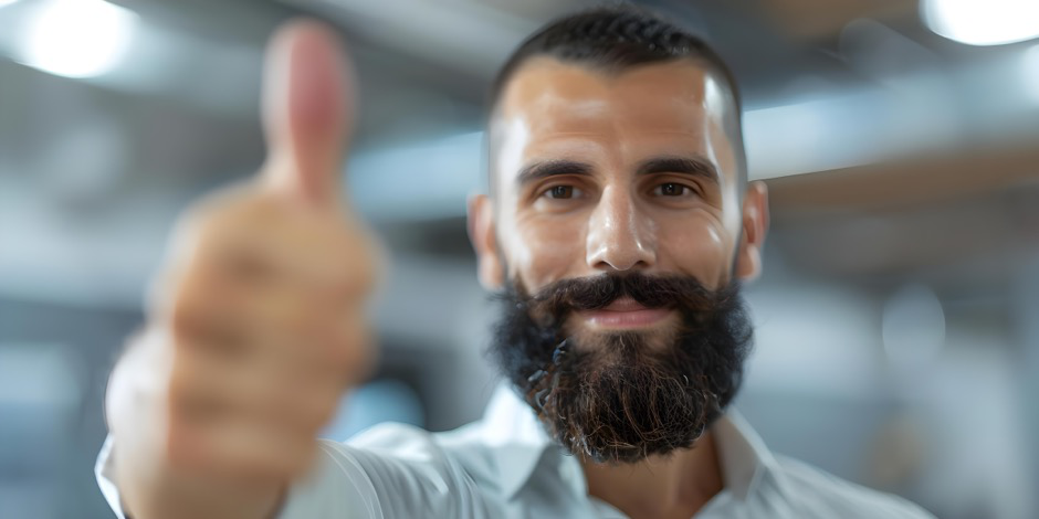  A man with a beard gives the camera a thumbs up. 