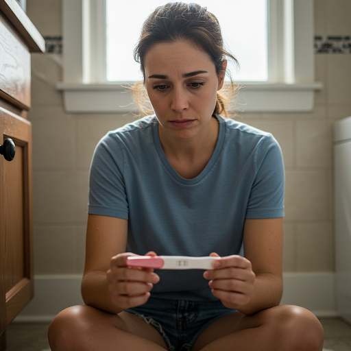 A woman holds a negative pregnancy test.