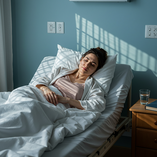 A woman lying in bed recovering from her procedure.
