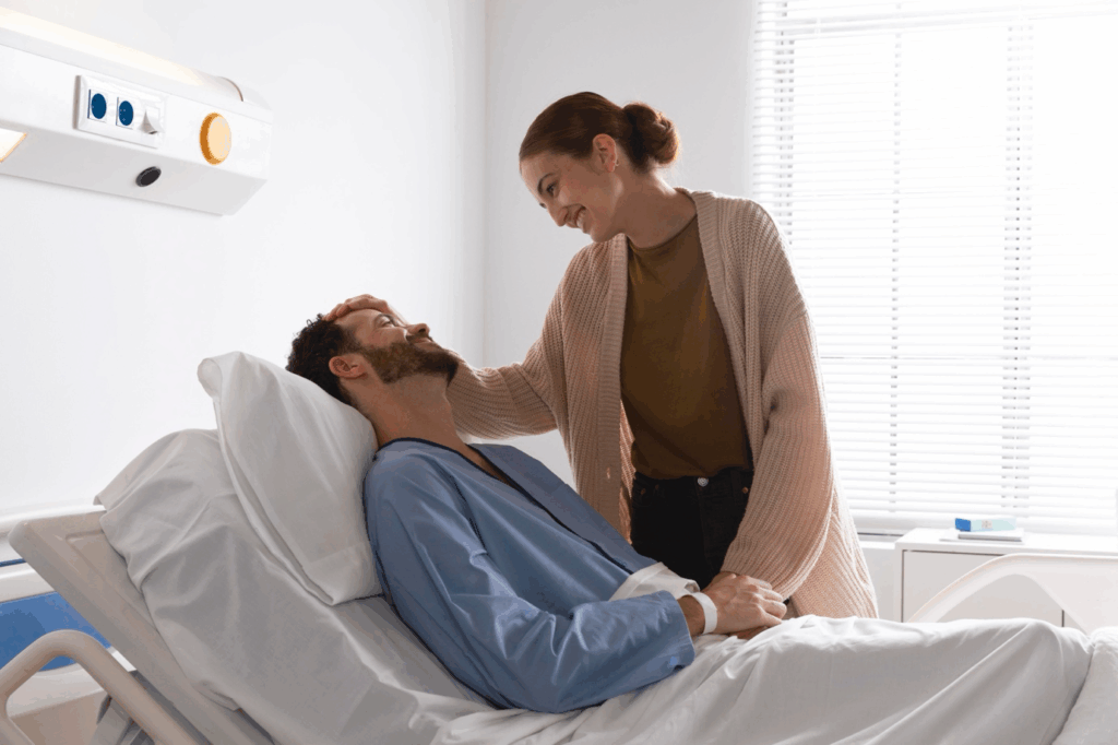 A patient resting comfortably in a hospital bed.