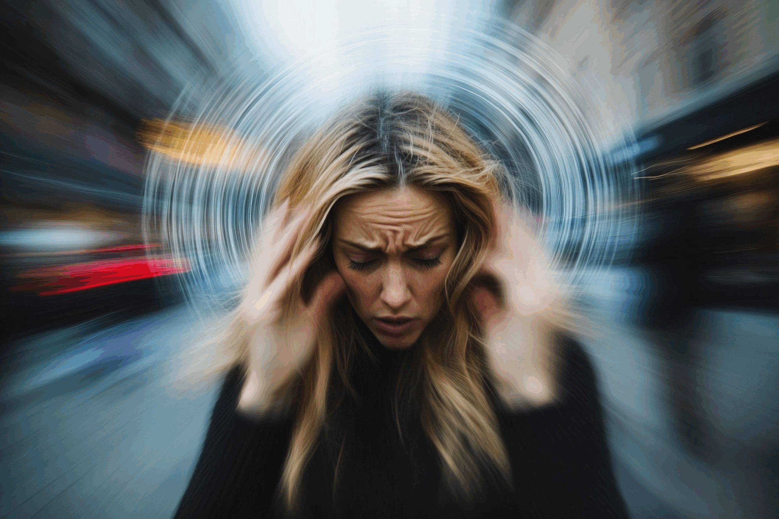 A woman holding her head, appearing to be experiencing dizziness or vertigo.