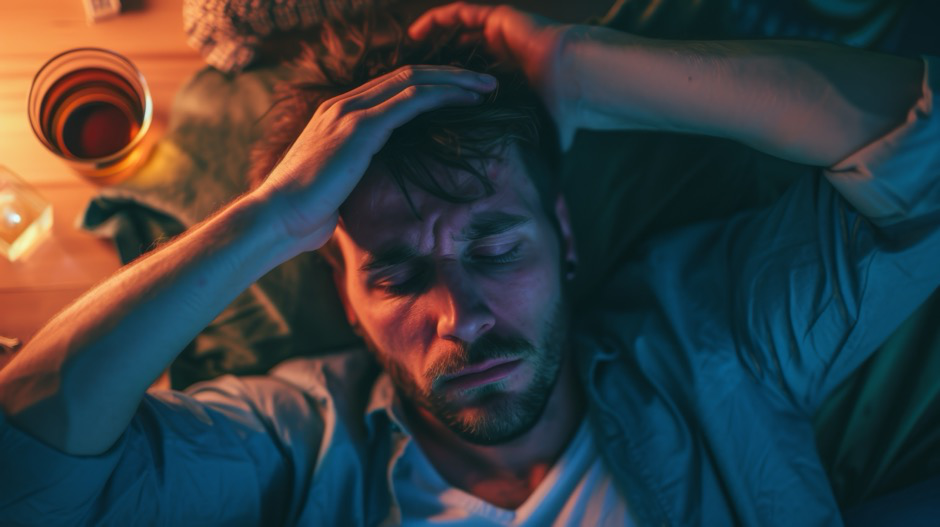 An anxious man touching his head, illustrating compulsive thoughts and distress.