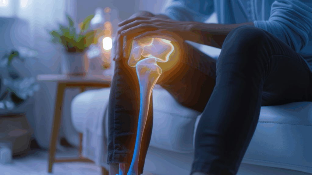 A man sits on a couch, with an illustrated X-ray glowing and highlighting his knee.