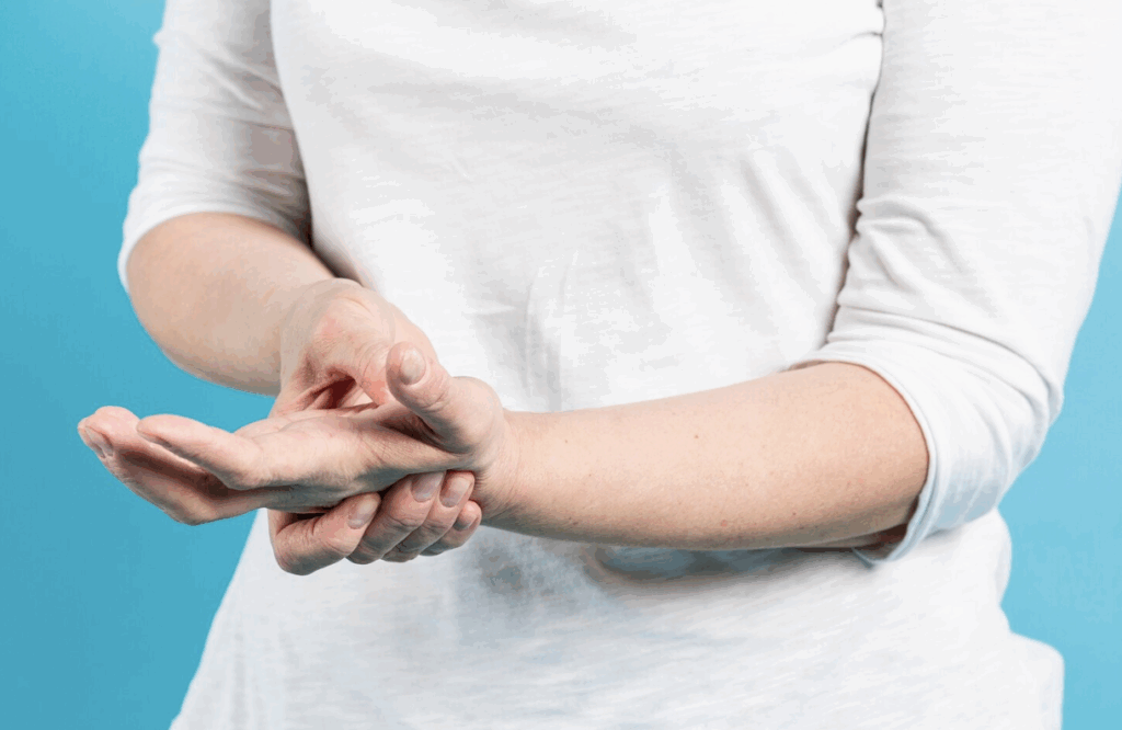 A woman holding her hand.