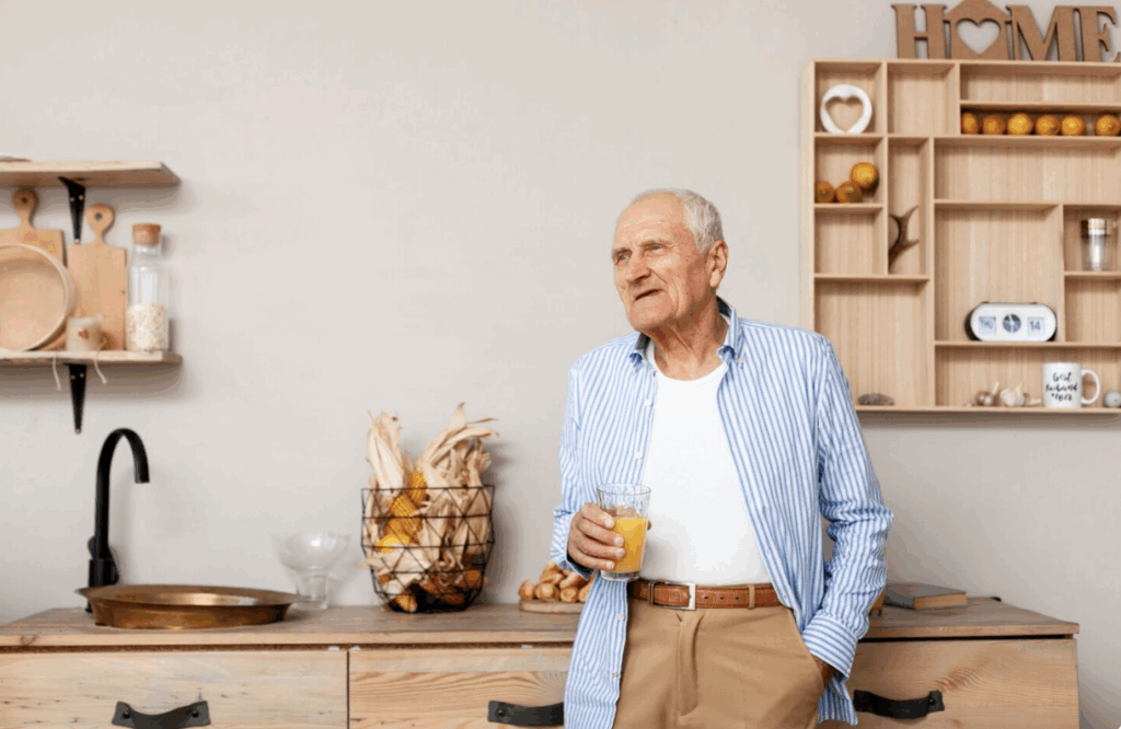 An elderly man smiling, enjoying life after a successful aneurysm repair.