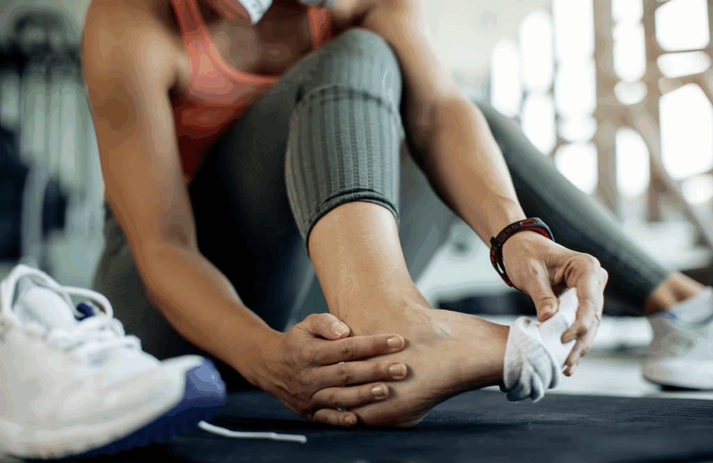 A woman holding her painful foot while removing her shoes and socks