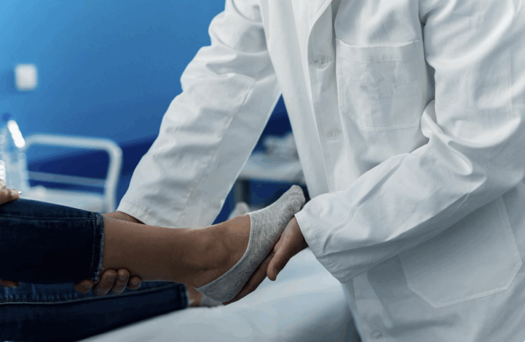 A podiatrist carefully examining a patient’s foot and ankle.