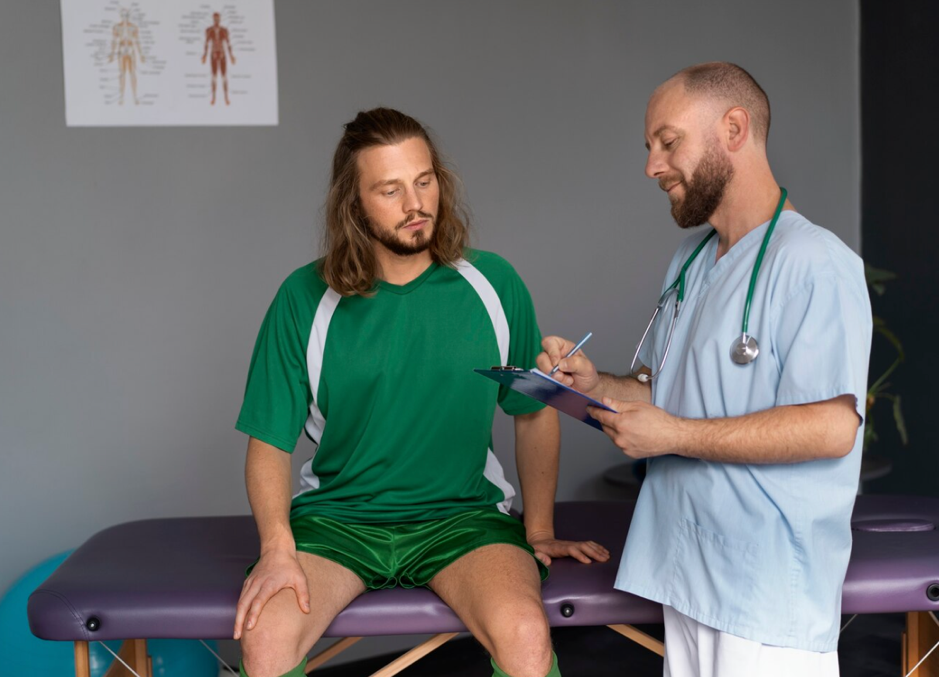 A young male athlete consulting with an orthopedic doctor in a clinic.